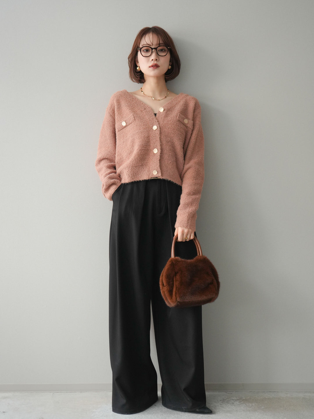 [SET]ゴールドボタンモールニットカーディガン+ベルトループデザインワイドパンツ(2set)