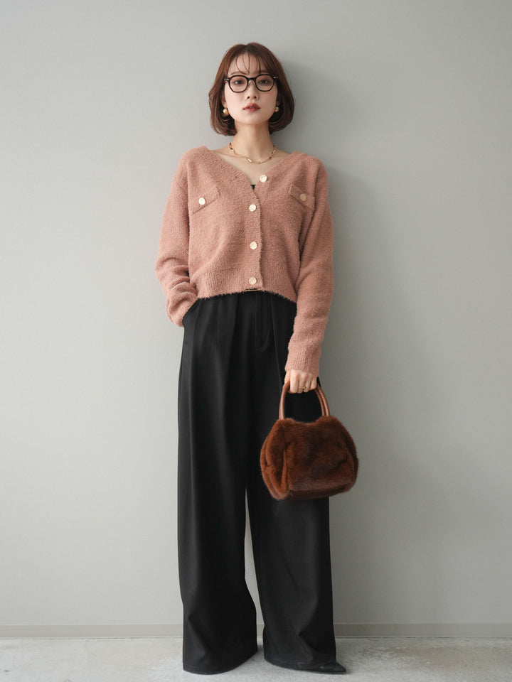 [SET]ゴールドボタンモールニットカーディガン+ベルトループデザインワイドパンツ(2set)
