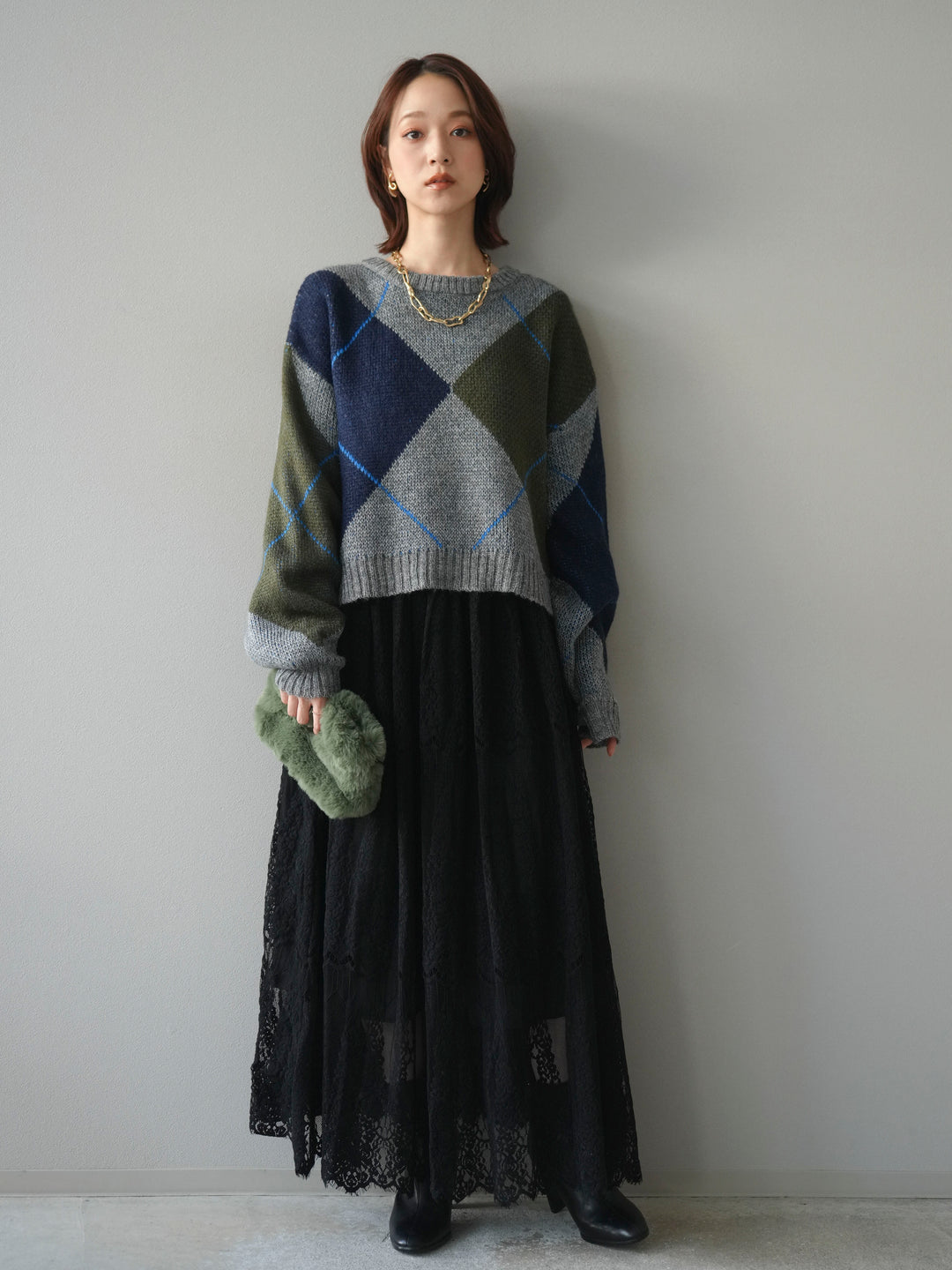 [SET]配色ステッチアーガイル柄ニットプルオーバー+ヴィンテージライクメッシュレーススカート(2set)