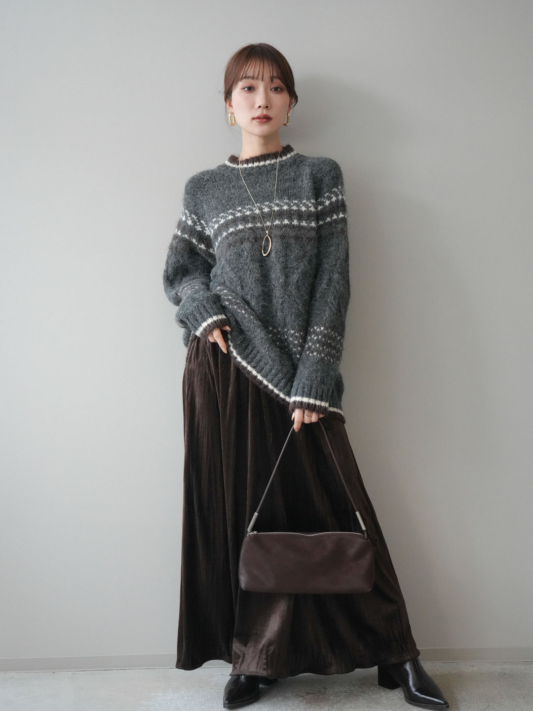 [予約]裾配色ノルディック柄ニットプルオーバー/gray