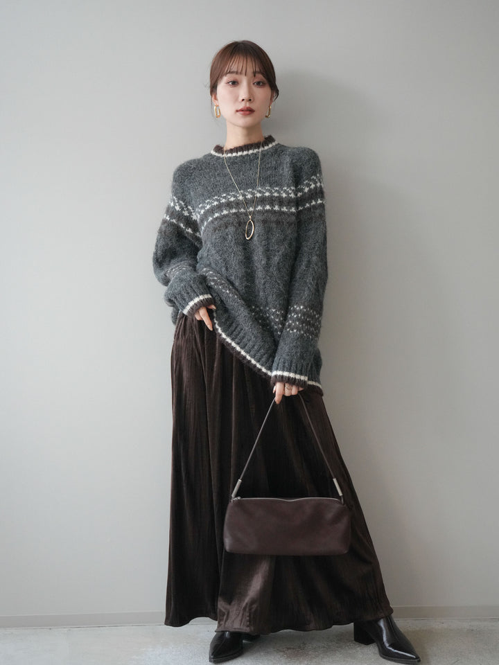 [予約]裾配色ノルディック柄ニットプルオーバー/gray