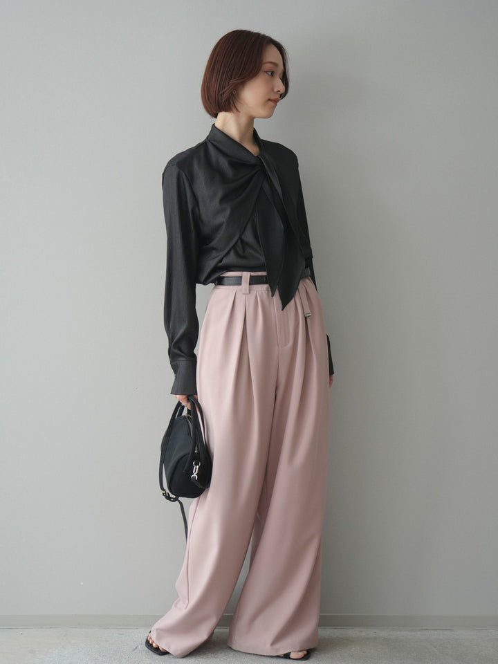 [SET]楊柳シャイニータイブラウス+ベルト付キーホルダーモチーフワイドパンツ(2set)