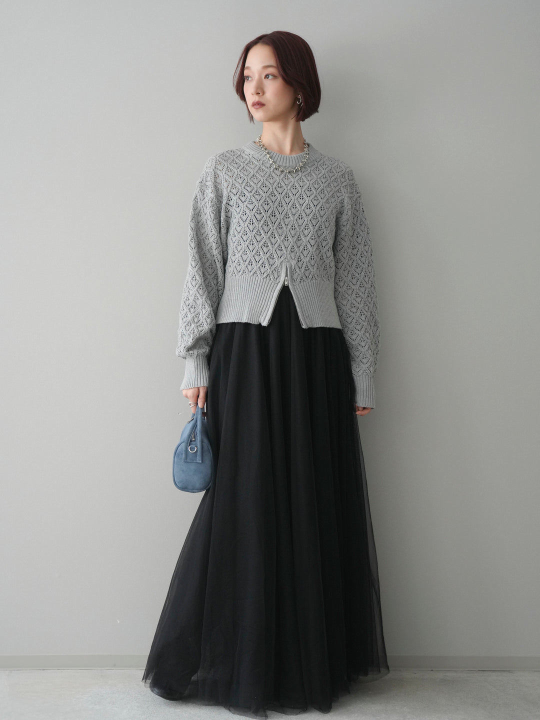 [予約]透かし編みフロントジップスリットニットプルオーバー/gray