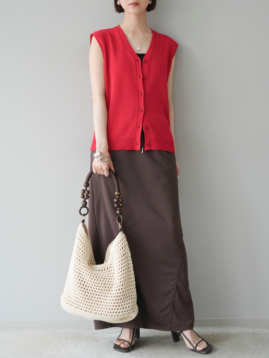 [SET]Vネックレーヨンニットベスト+スウェットロングスカート(2set)