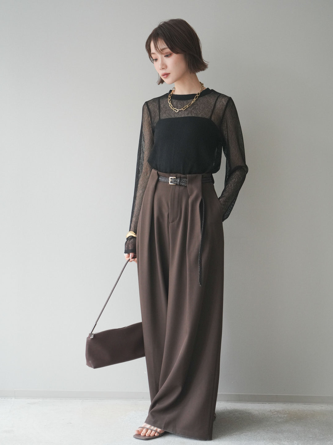 [SET]シアーストライプメッシュトップス+ドレープタックベルトループパンツ(2set)