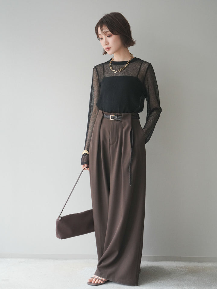 [SET]シアーストライプメッシュトップス+ドレープタックベルトループパンツ(2set)