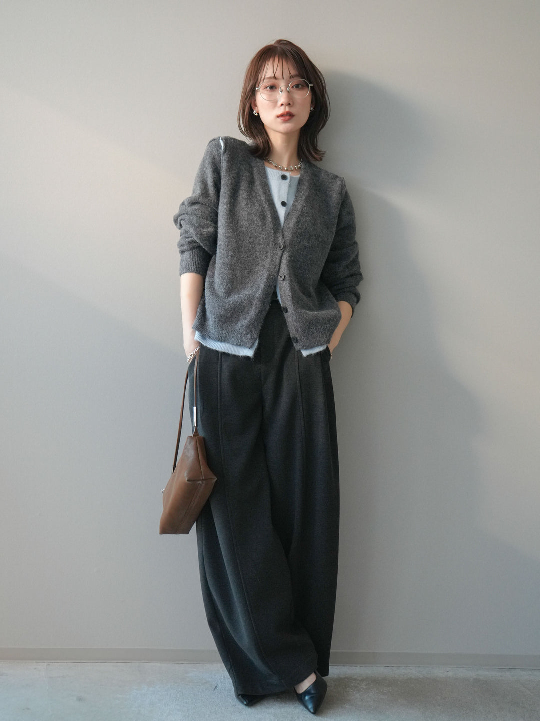 [予約]配色レイヤードニットカーディガン/gray