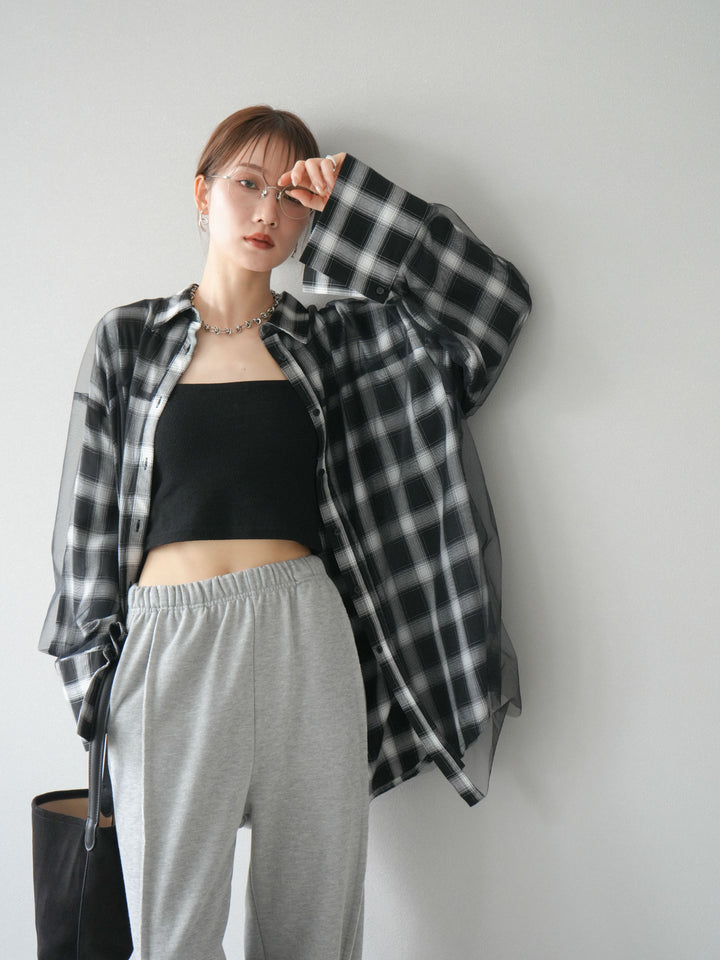 [予約]チュールドッキングチェック柄オーバーサイズシャツ/ブラック