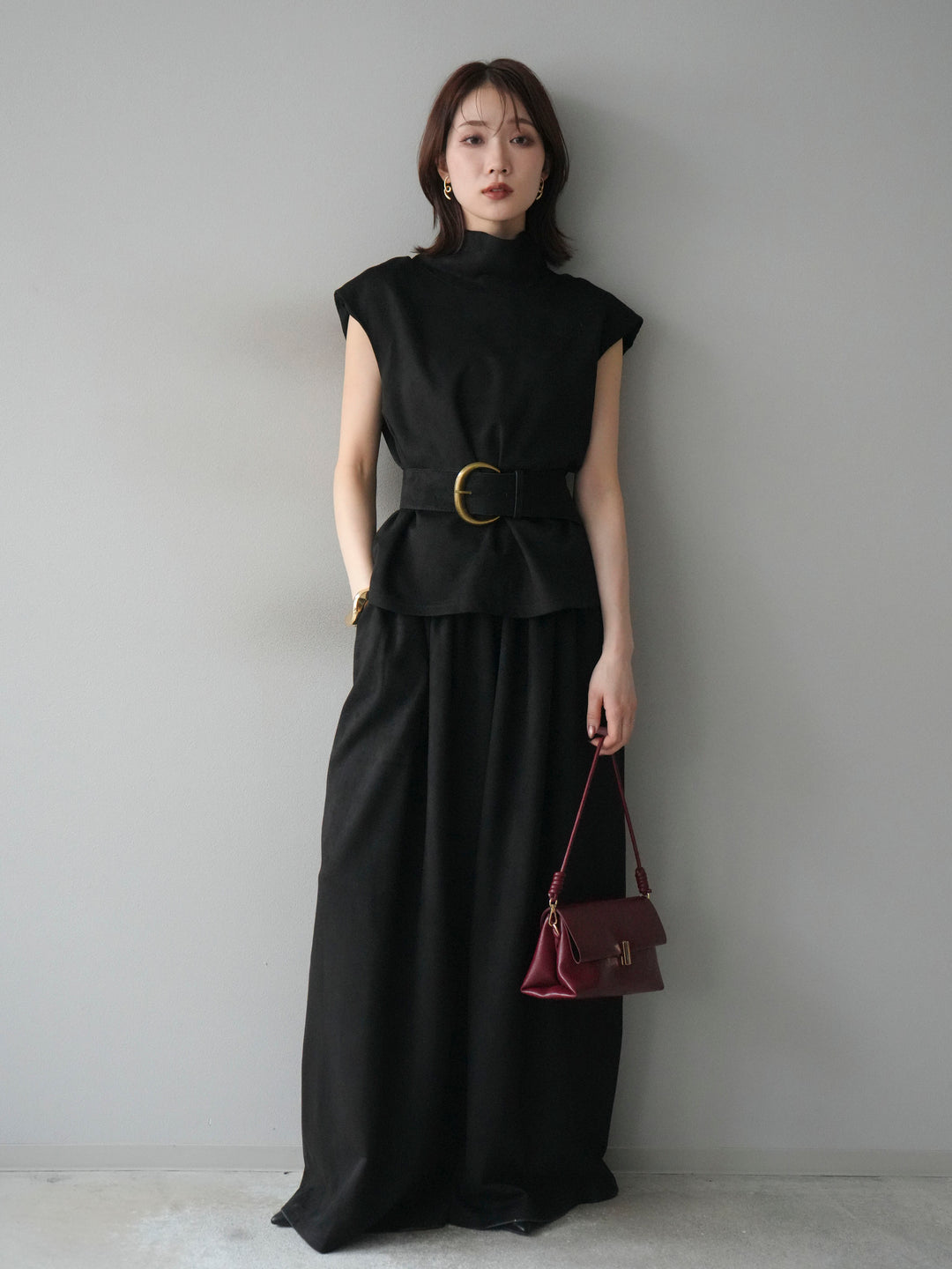 [SET]ベルト付スエードハイネックプルオーバー＆ワイドパンツSET UP