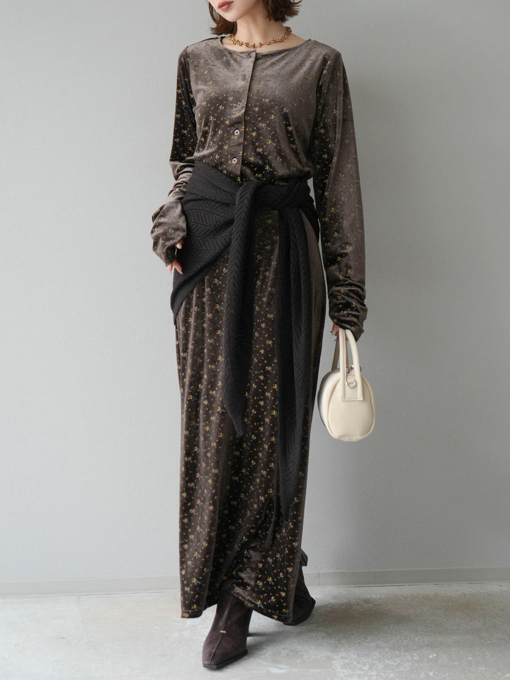 [SET]ベロアフラワープリントカーディガン+ベロアフラワープリントIラインスカート(2set)