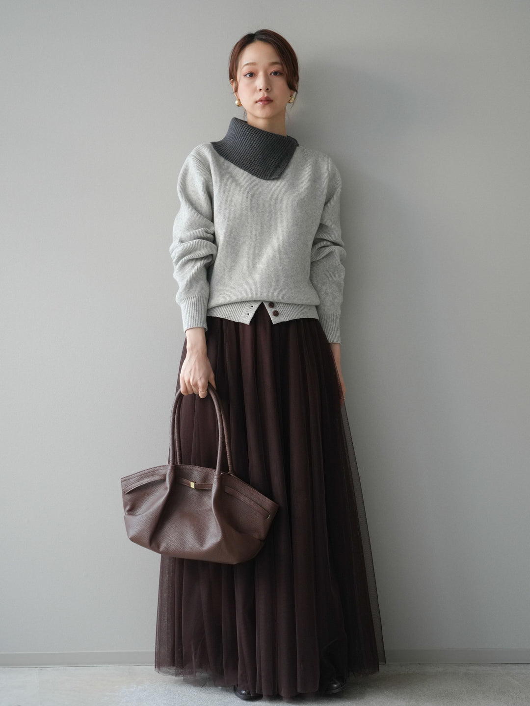 [予約]デザインネックバイカラーニットプルオーバー/gray