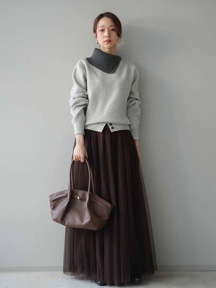 [予約]デザインネックバイカラーニットプルオーバー/gray