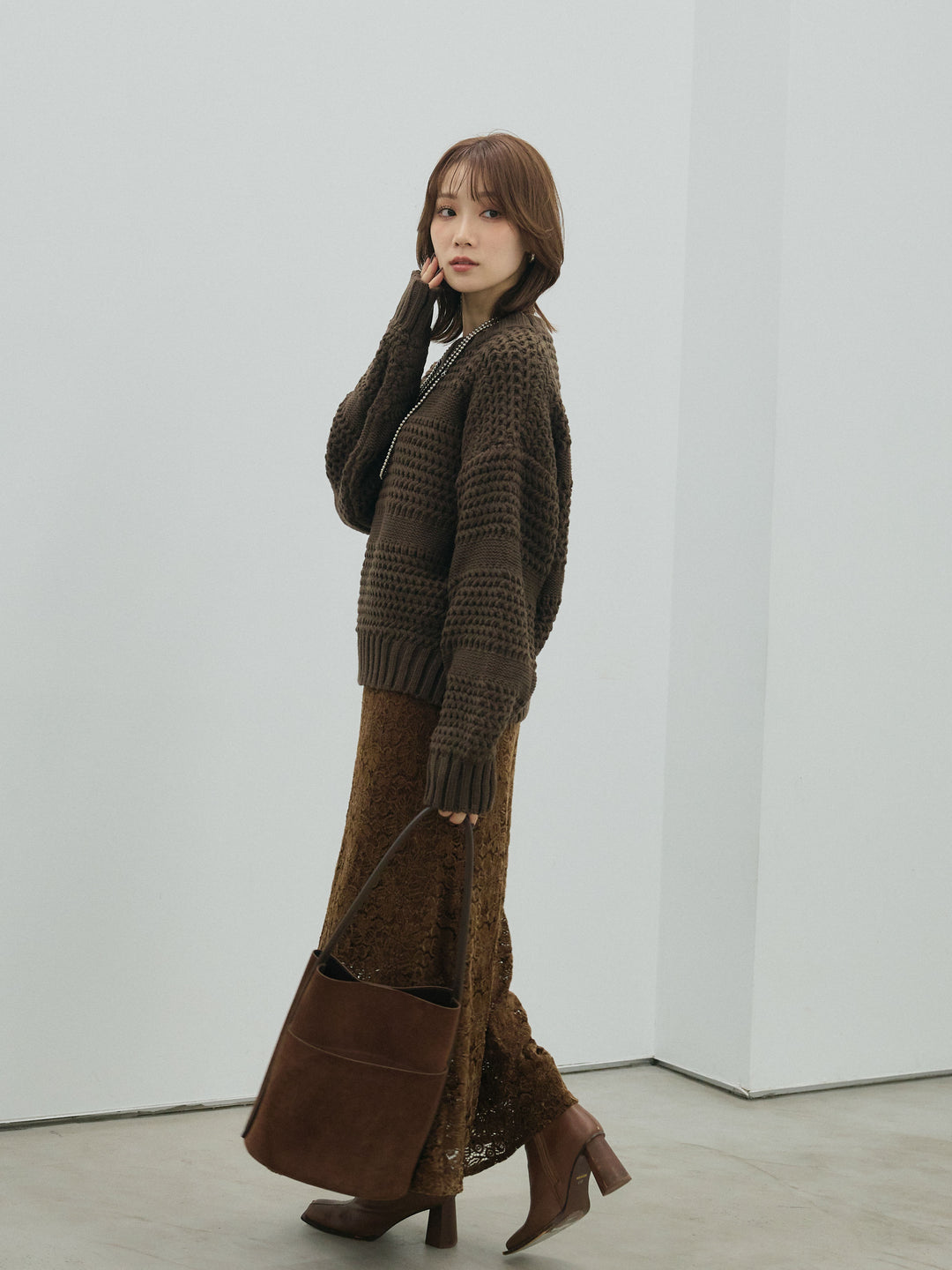 [予約]ライン編みニットプルオーバー/brown