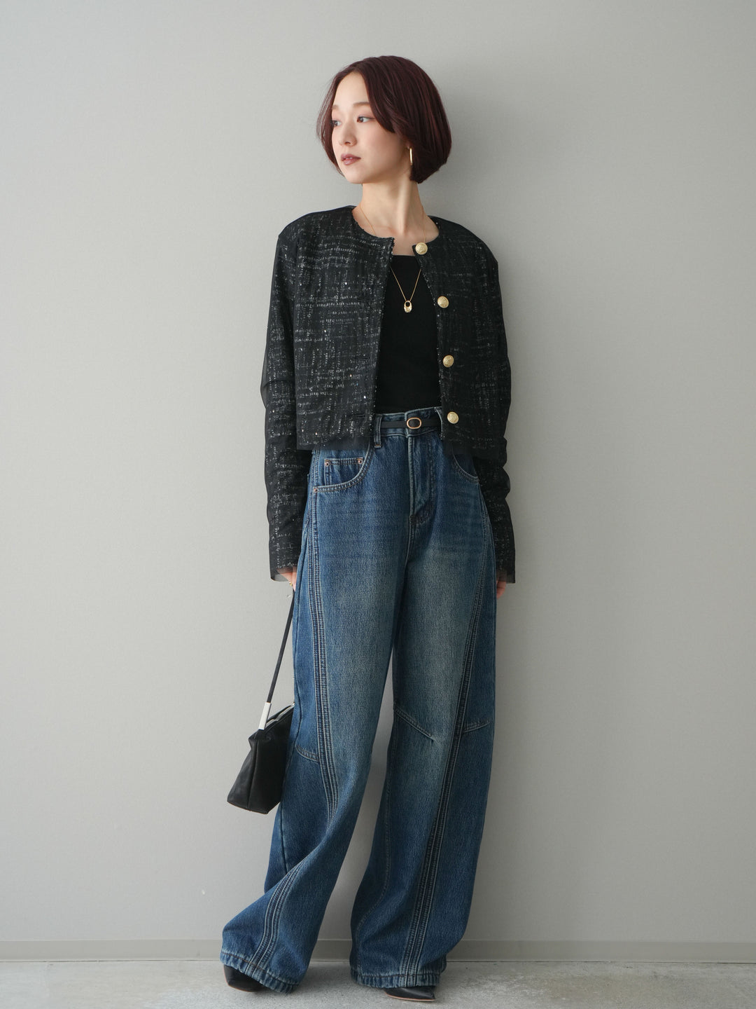 [予約]チュールレイヤードツイードクロップドジャケット/black