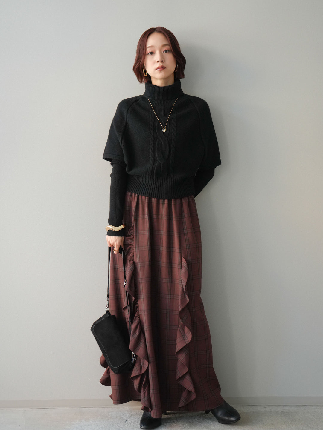 [予約]ケーブル編みタートルハーフスリーブニットアンサンブル/black