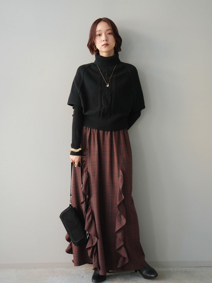 [予約]ケーブル編みタートルハーフスリーブニットアンサンブル/black