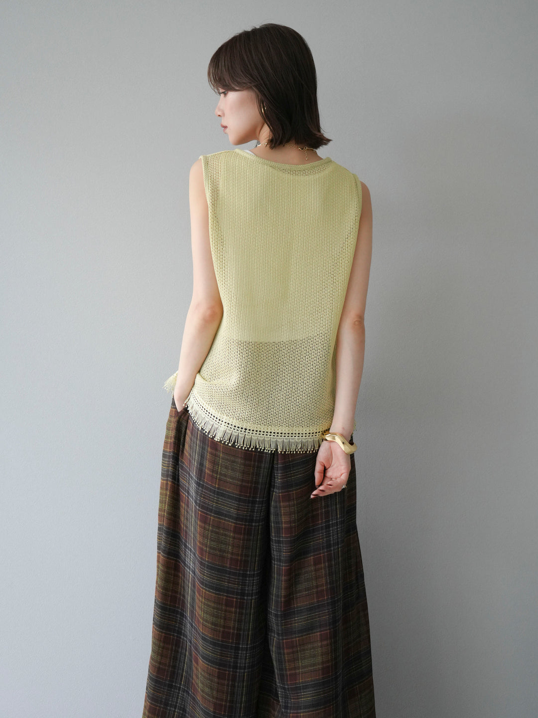 [予約]裾フリンジVネックニットタンクトップアンサンブル/イエロー