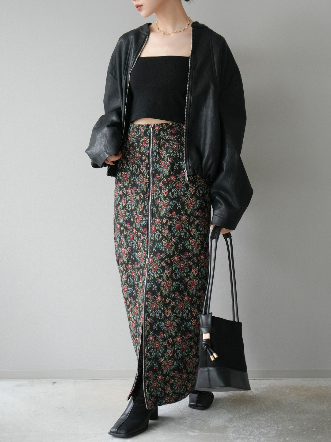 [予約]ゴブランフロントジップタイトスカート/レッド