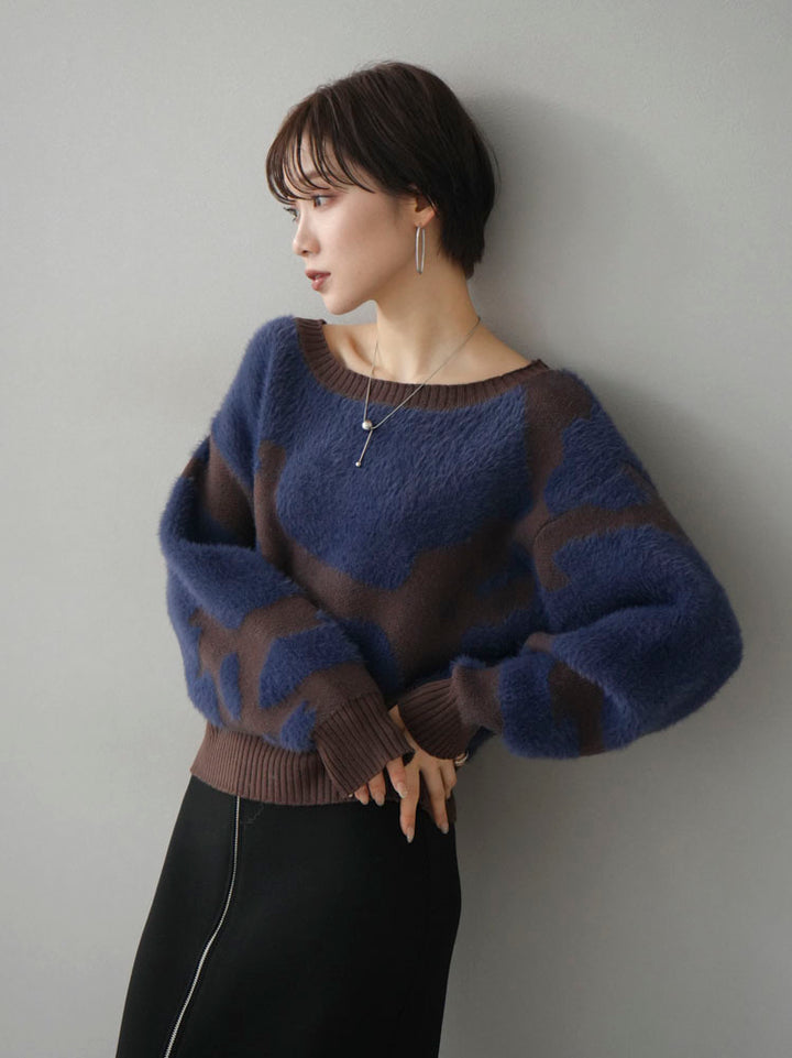 [Pre-order] Shaggy nuance cropped knit pullover/navy