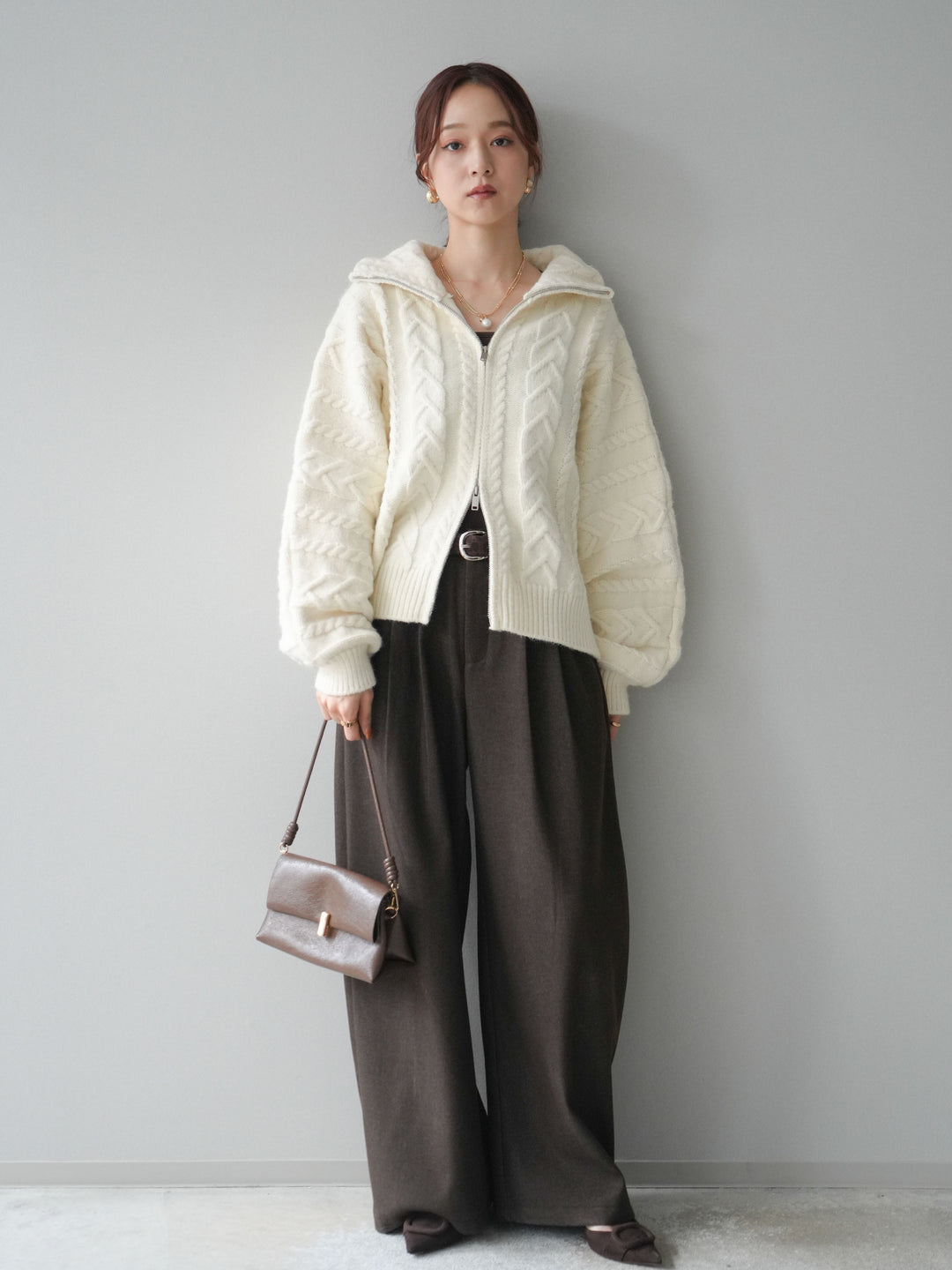 [予約]アニマル柄ベルト付きウールタッチワイドパンツ/brown