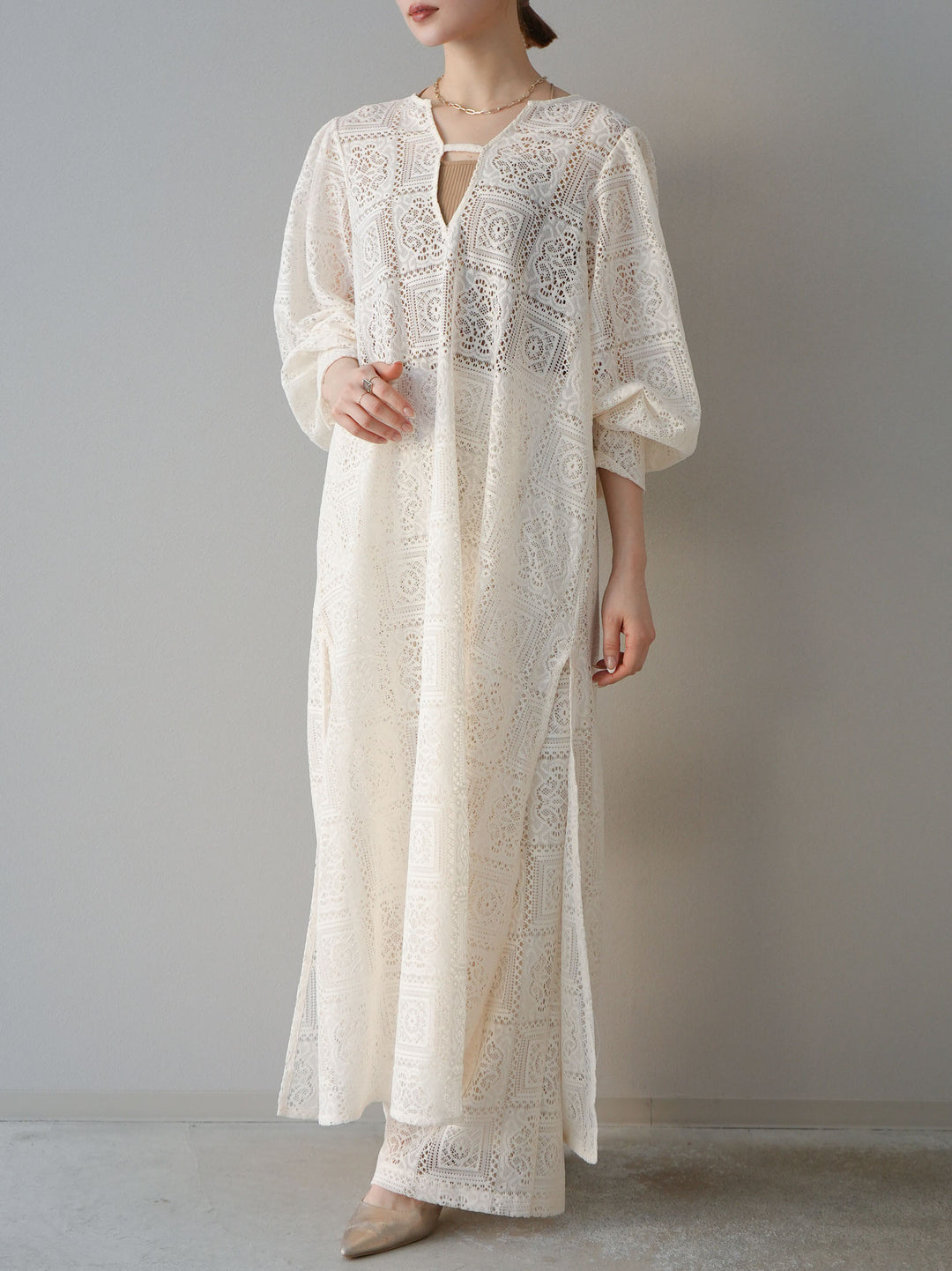 [予約]ブロックレースワイドパンツ/アイボリー