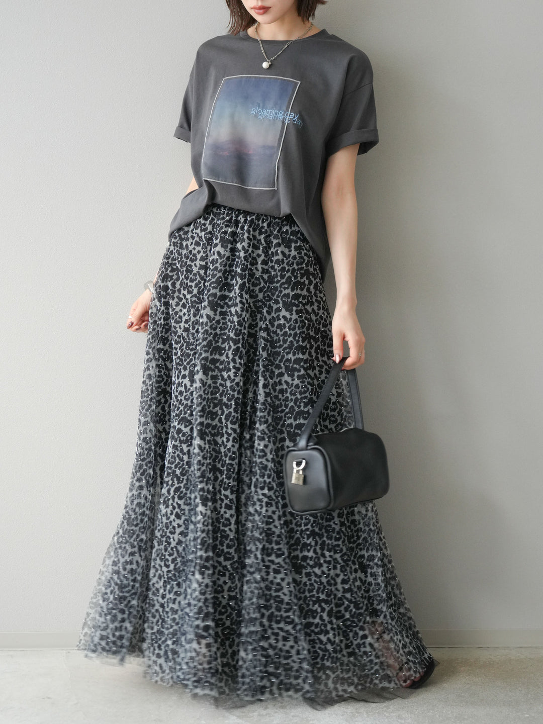 [予約]レオパードチュールレイヤードプリーツスカート/ブラック