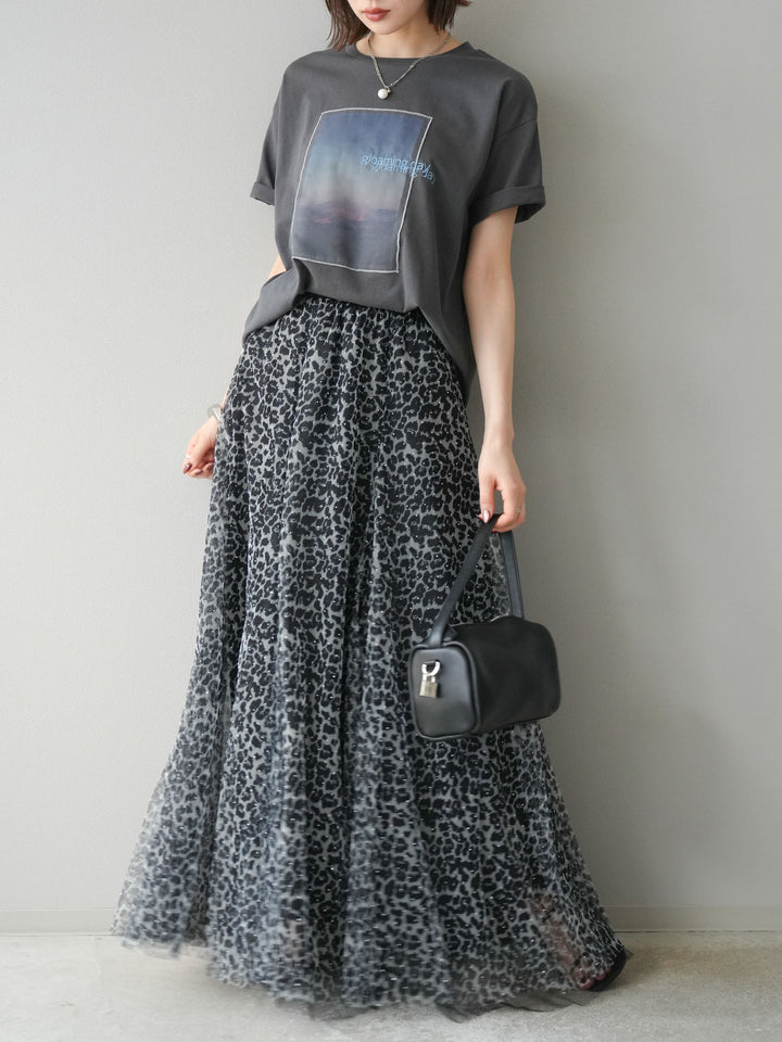 [予約]レオパードチュールレイヤードプリーツスカート/ブラック