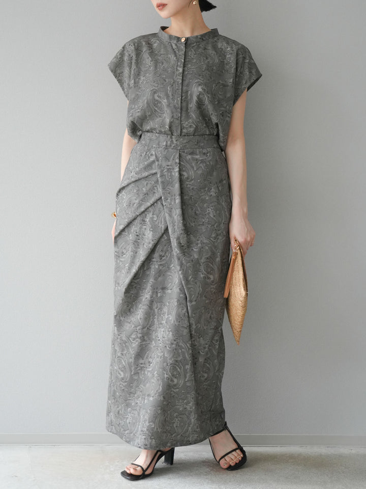 [SET]ペイズリープリントゴールドボタンブラウス+ペイズリープリントタックIラインスカート(2set)