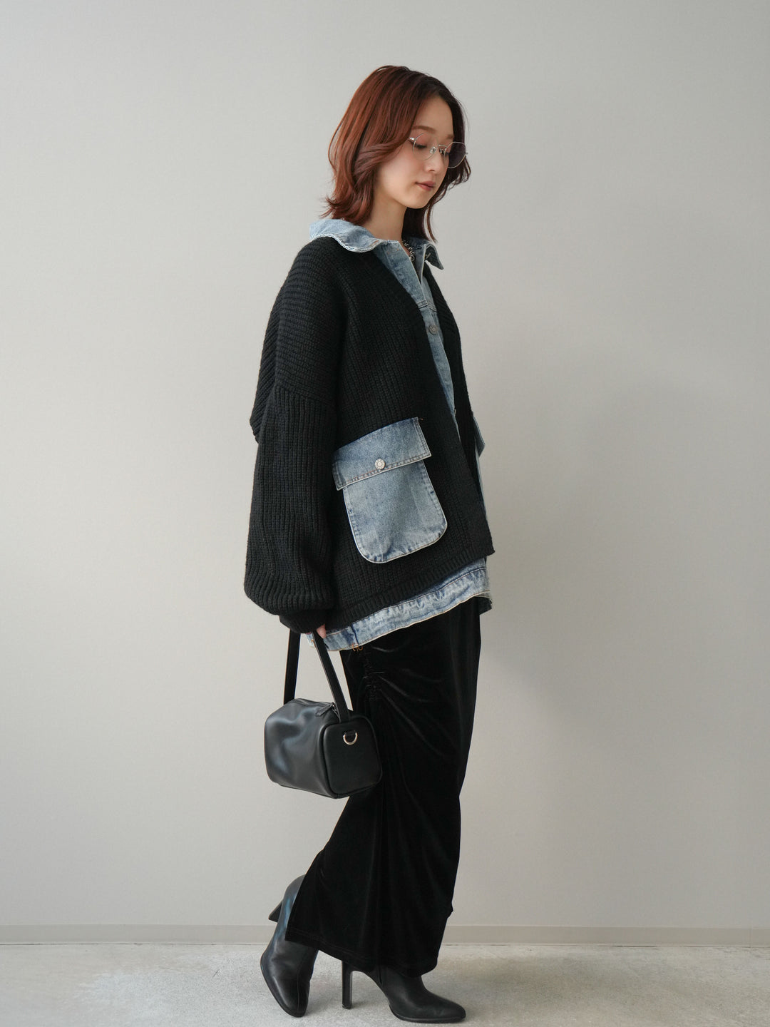 [SET]デニムドッキングオーバーニットジャケット+ギャザーベロアスカート(2set)