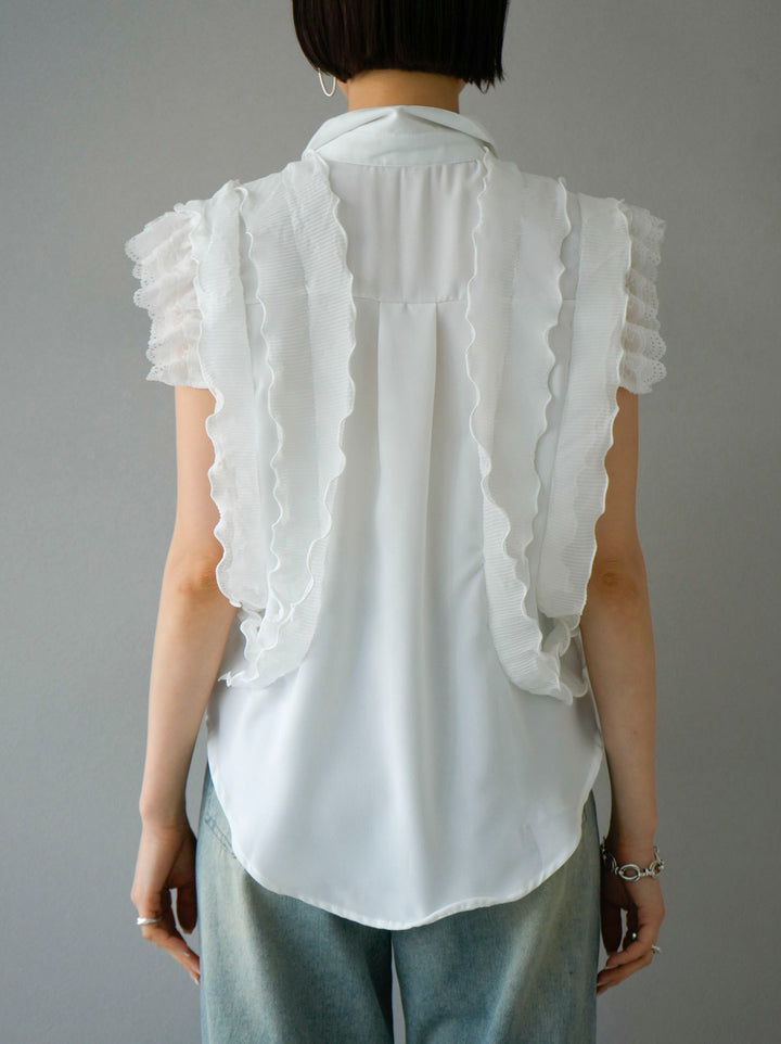[Pre-order] Mixed material pleated mellow frill design blouse/white
