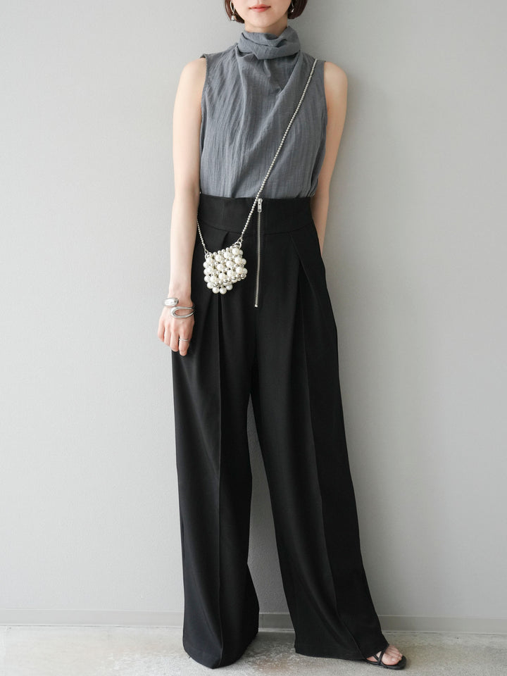 [SET] 後繫帶無袖上衣 + 拉鍊褶襉寬褲 (2 套)