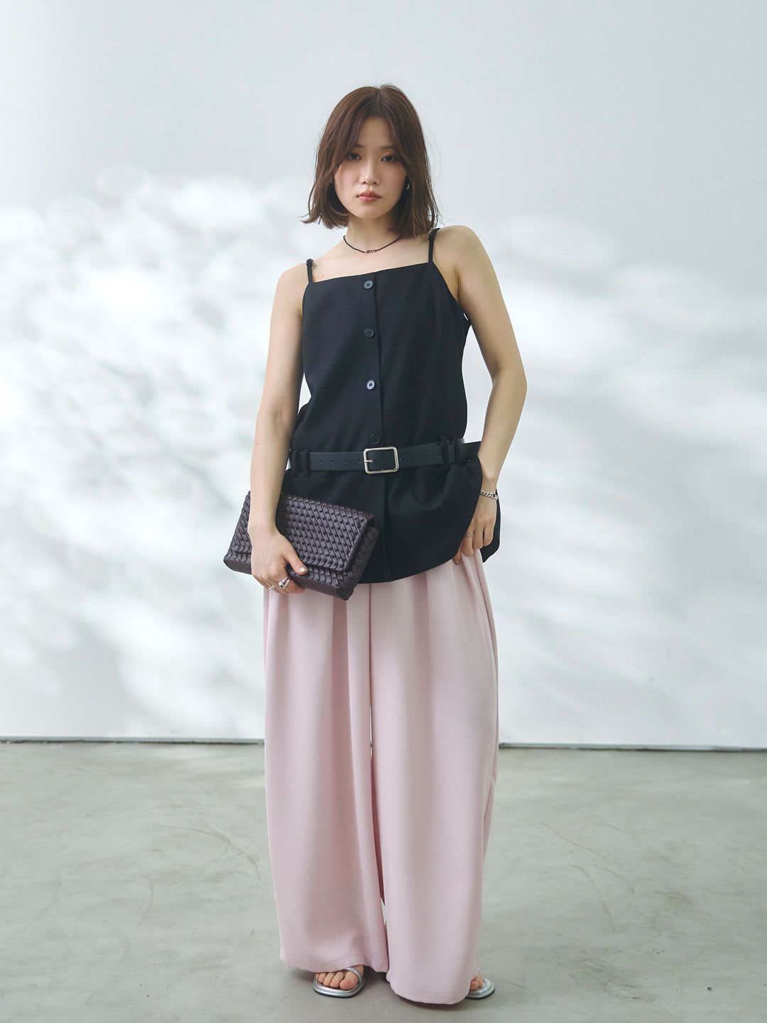 【Allure】[SET]ベルト付テーラードキャミソール+エステルツイルタックワイドパンツ(2set)