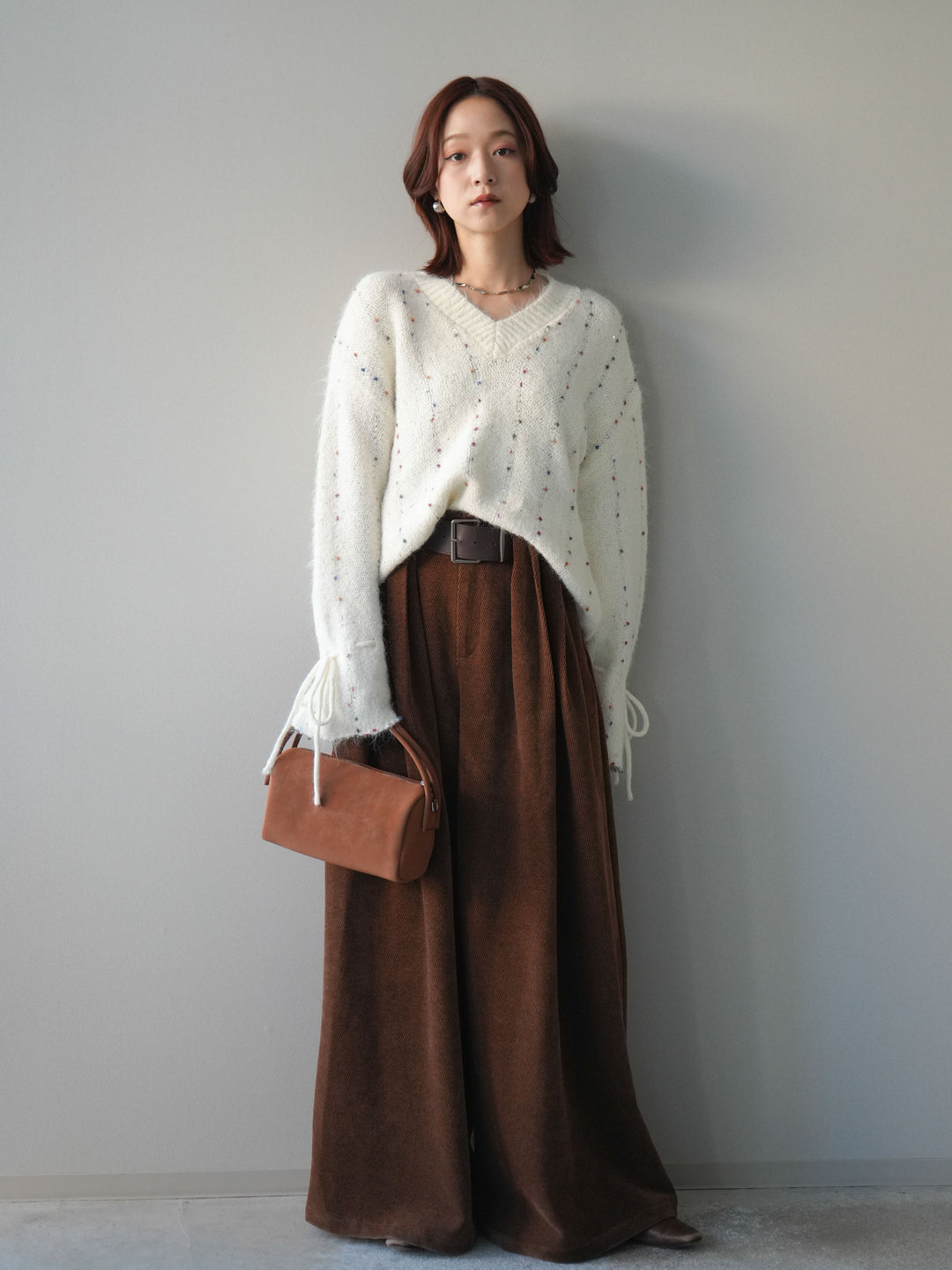 [SET]キャンディースリーブカラーネップスパンコールニットプルオーバー+ベルトデザインループコールテンワイドパンツ(ベルト付き)(2set)