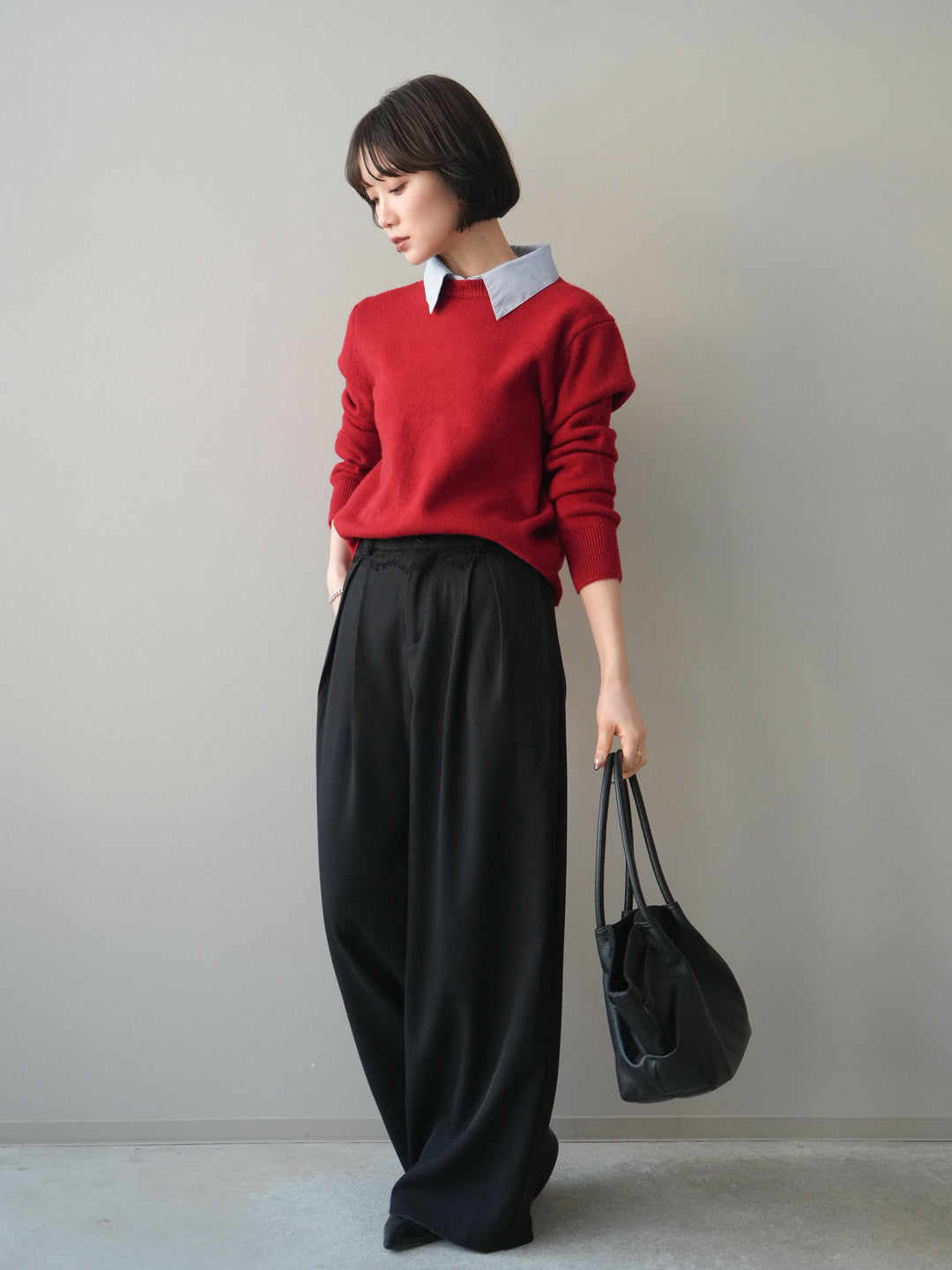 [予約]ウエストレースタックワイドパンツ/black