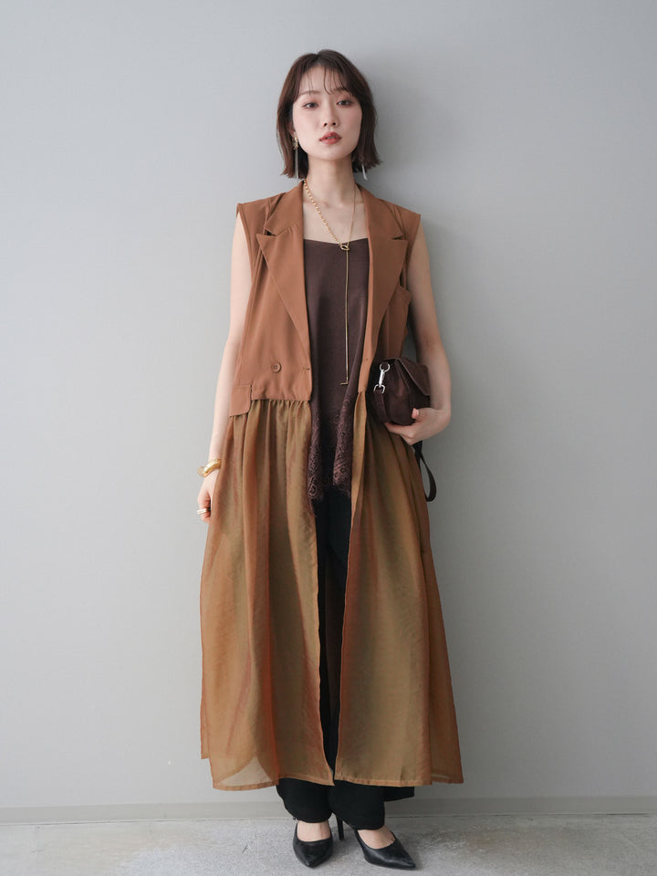 [SET]シアーレイヤードテーラードロングジレ+レーストリムキャミソール+2WAYデザインスウェットパンツ(3set)