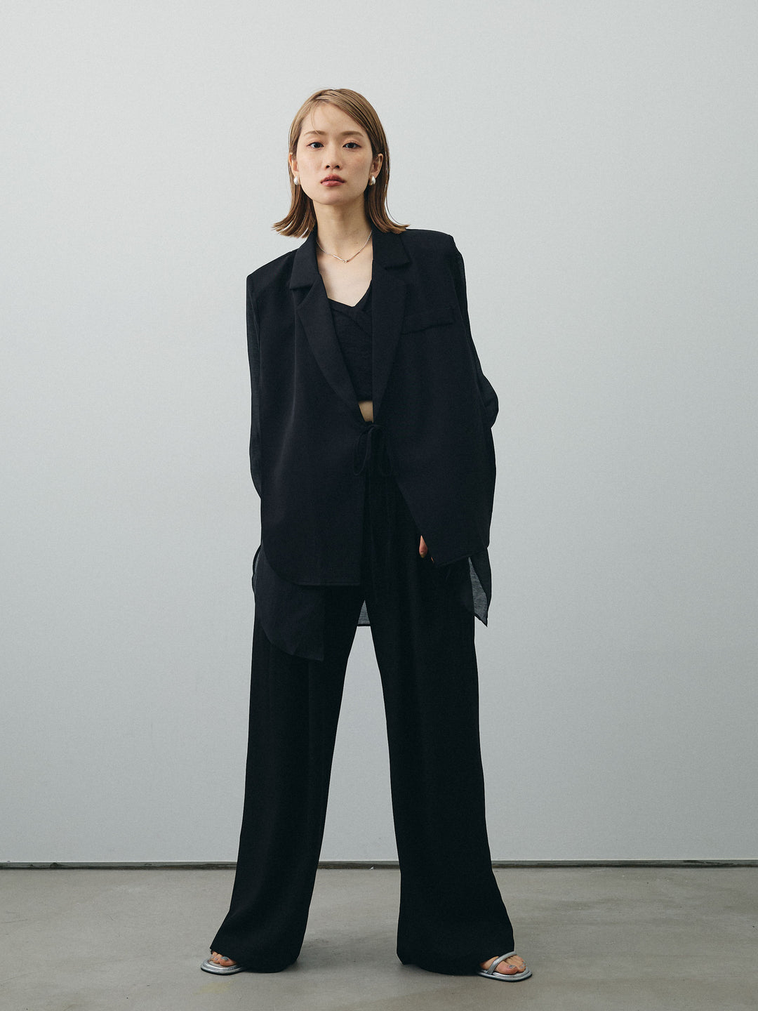 [SET]シアー切替テーラードジャケット+リネンライクカシュクールデザインビスチェ+2タックワイドパンツ(3set)