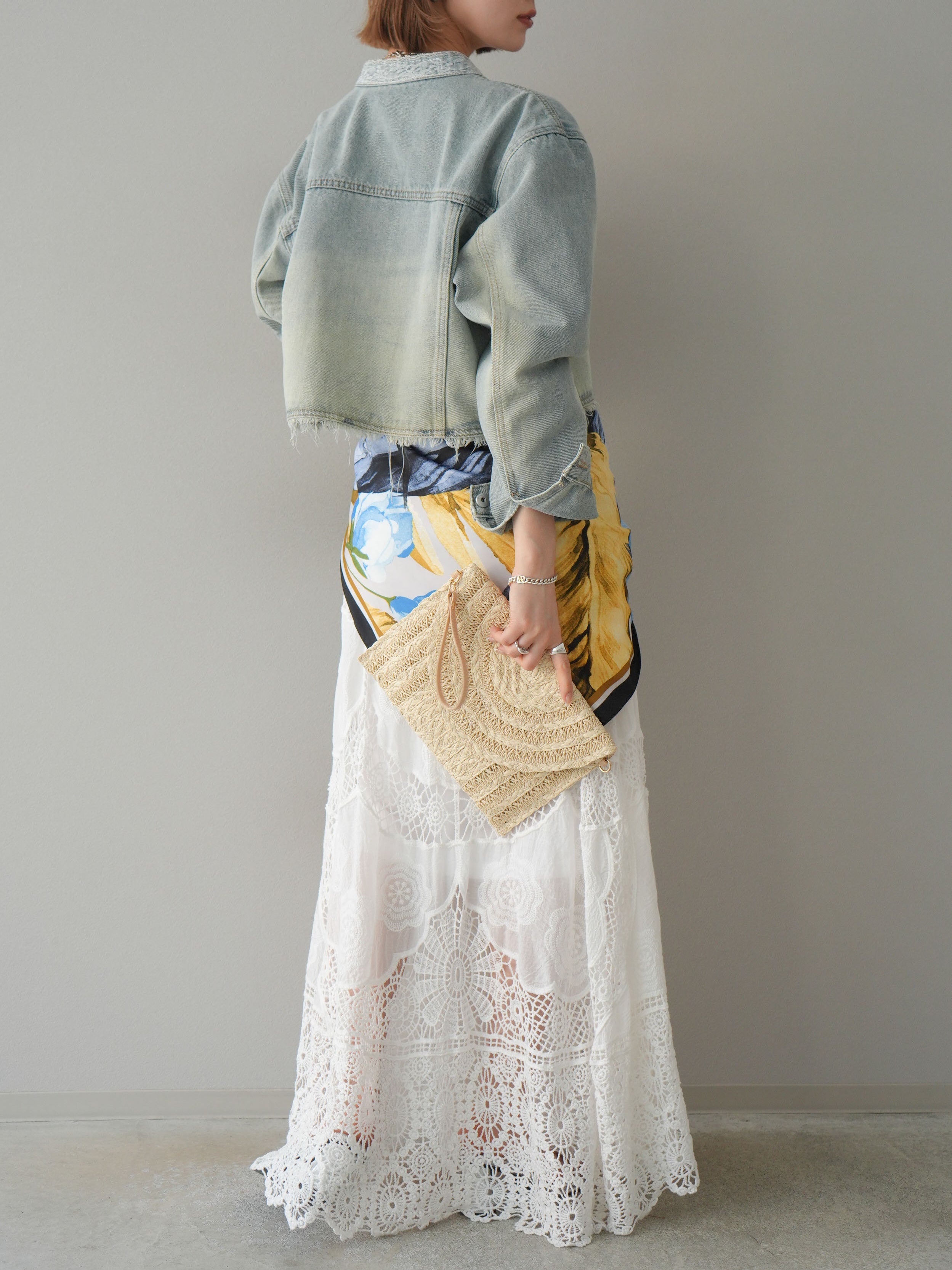 SET]レースデザインノーカラーデニムジャケット+クロシェマキシ