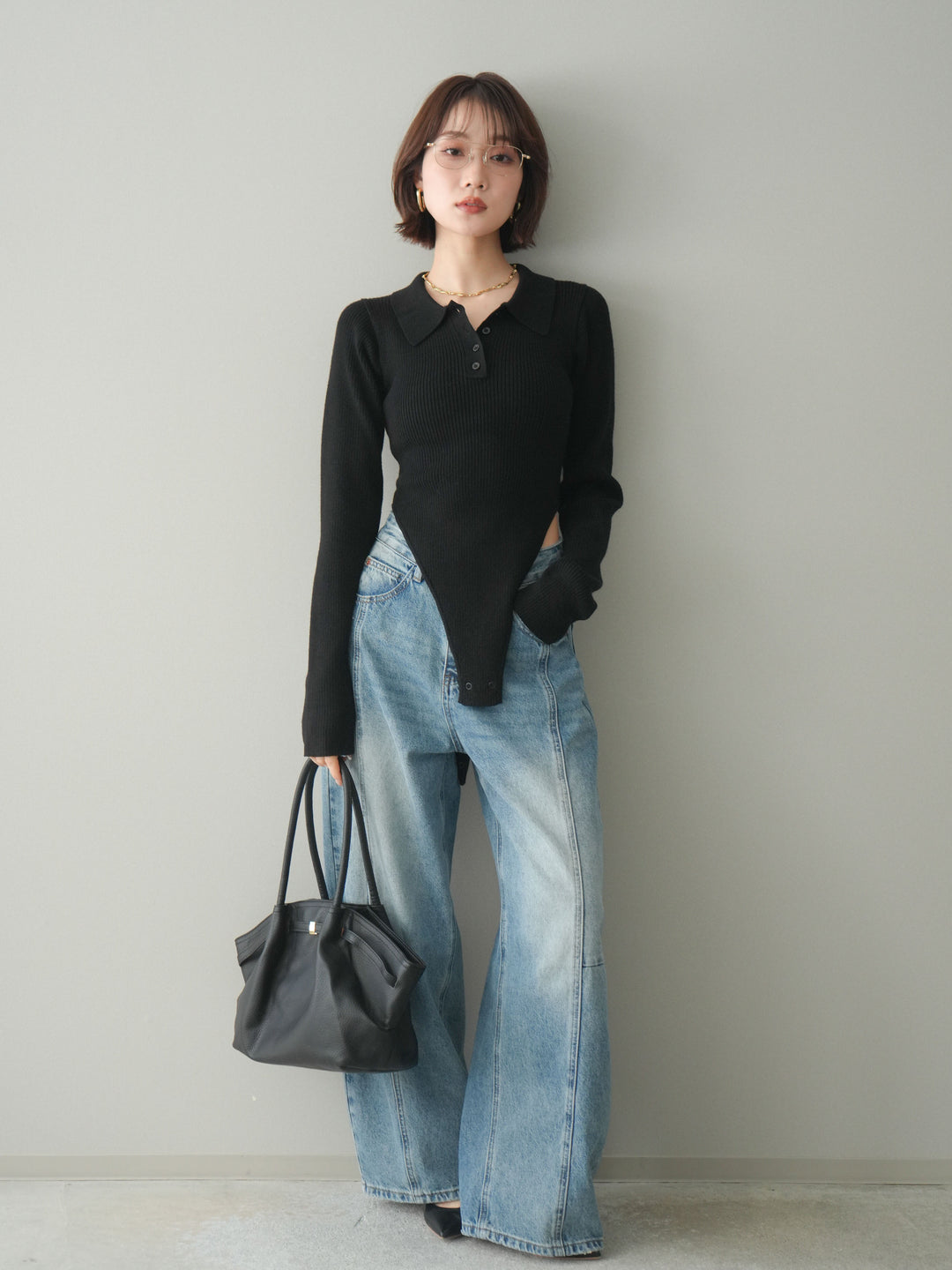 [予約]リブポロニットボディスーツ/black