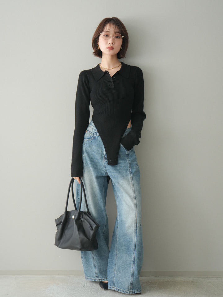 [予約]リブポロニットボディスーツ/black