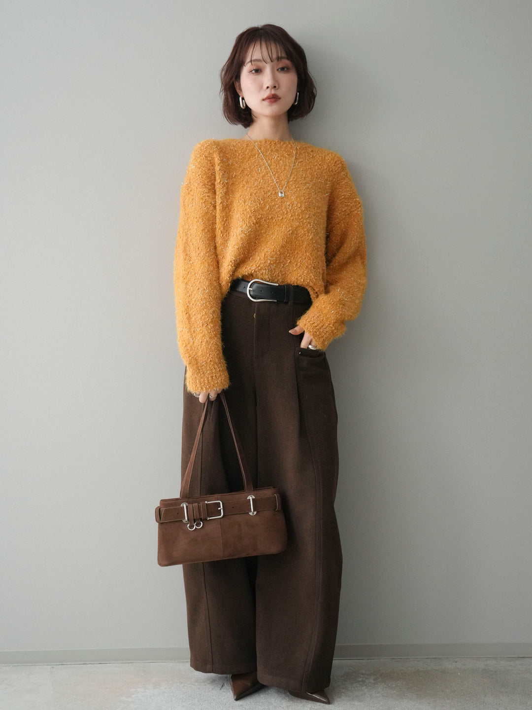 [SET]モールラメミックスヤーンニットプルオーバー+ベルト付起毛コクーンパンツ(2set)