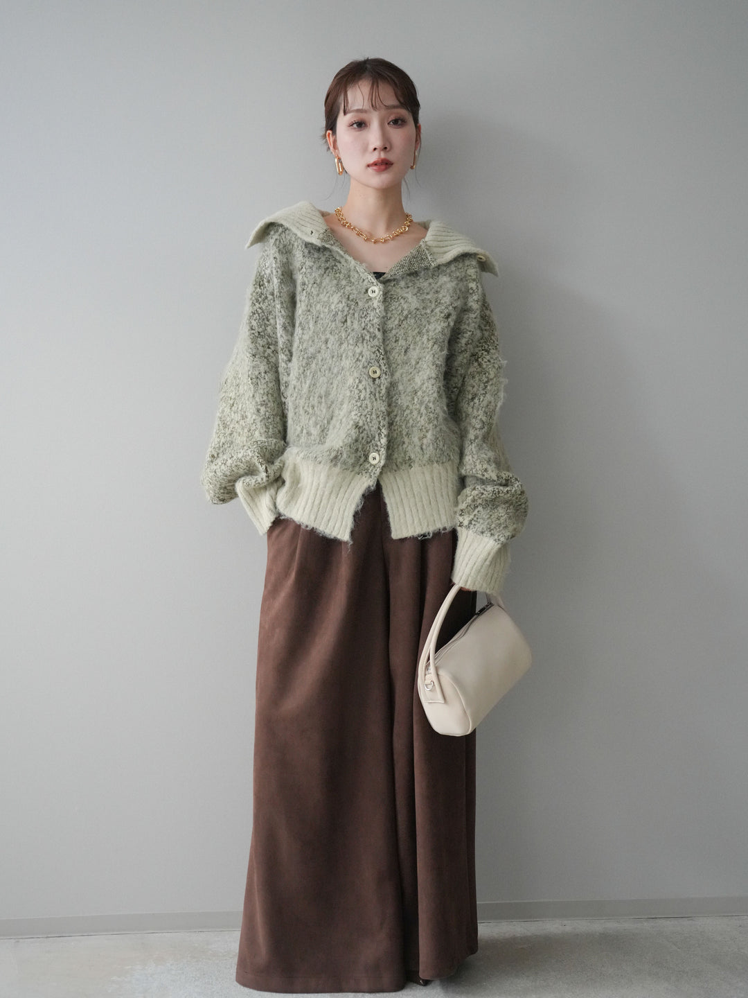 [SET]リブ切替メランジニットカーディガン+モチーフベルト付スエードタックワイドパンツ(2set)