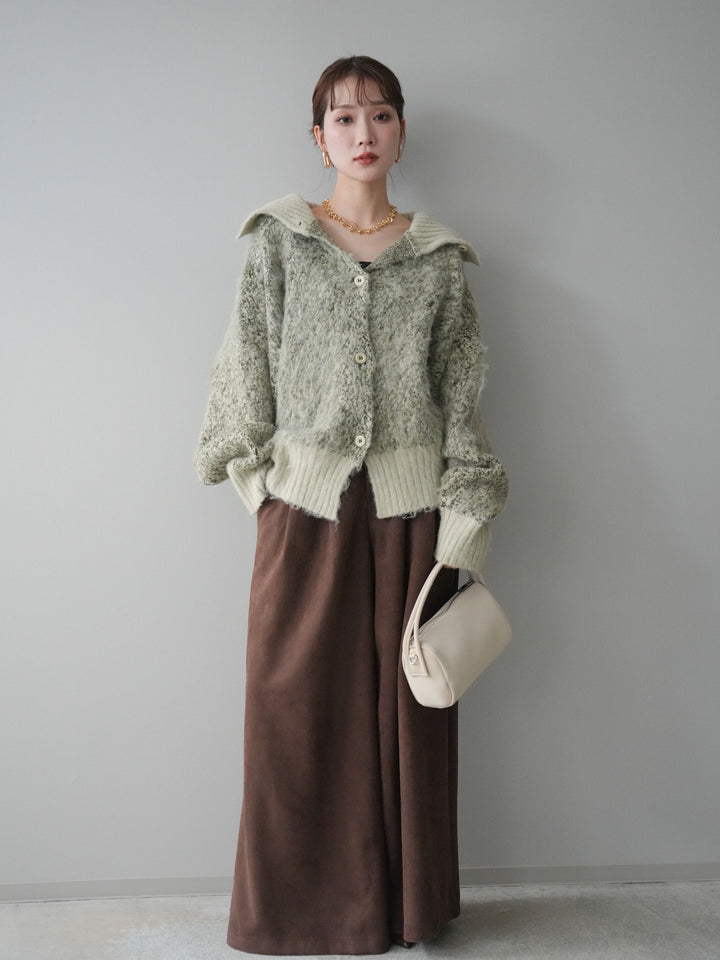 [SET]リブ切替メランジニットカーディガン+モチーフベルト付スエードタックワイドパンツ(2set)
