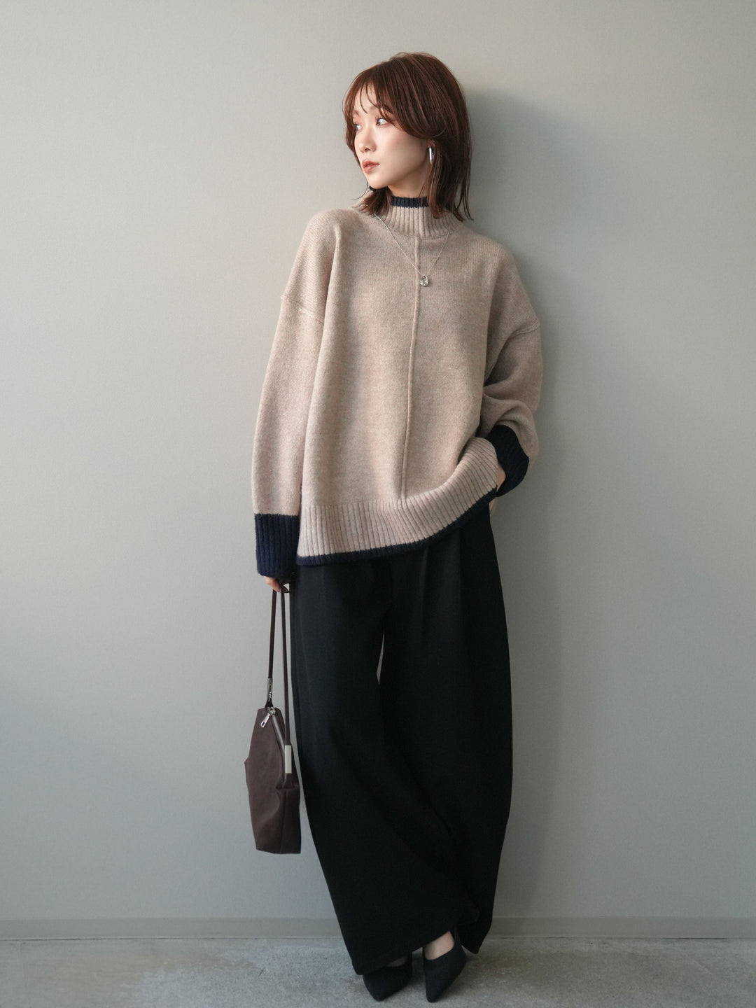 [予約]アニマル柄ベルト付きウールタッチワイドパンツ/black