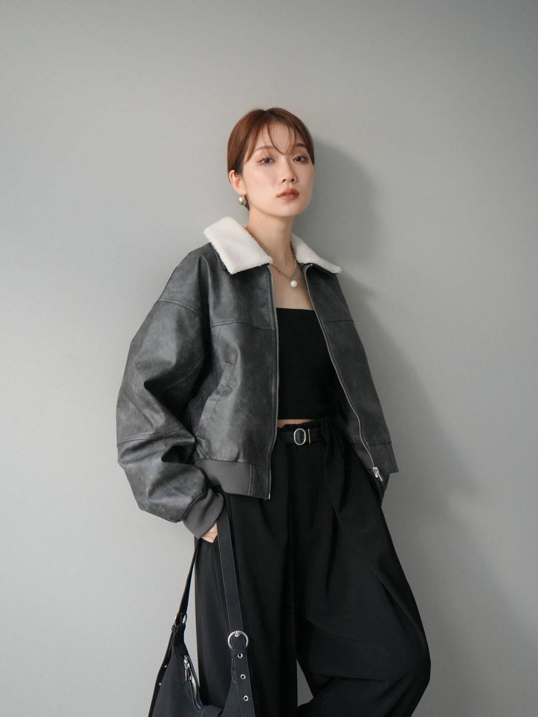 [予約]襟ボアヴィンテージレザーブルゾン/ブラック