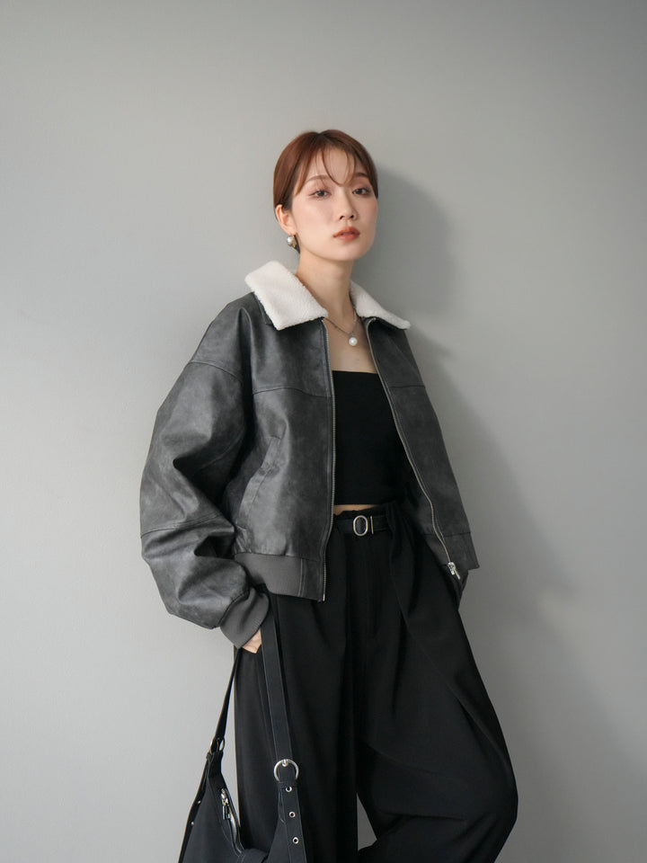 [予約]襟ボアヴィンテージレザーブルゾン/ブラック