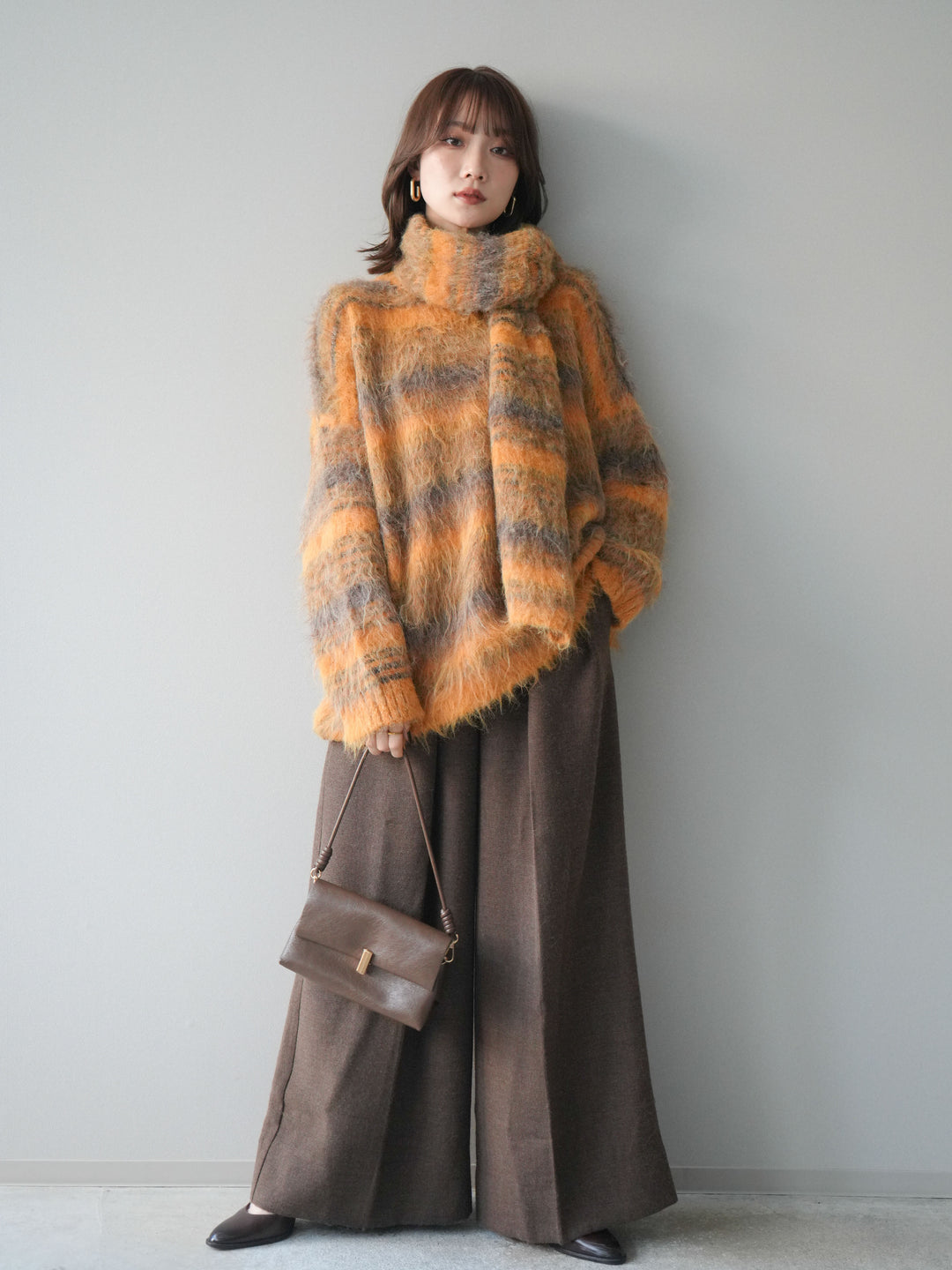 [予約]ウールタッチベルト付ワイドパンツ/brown