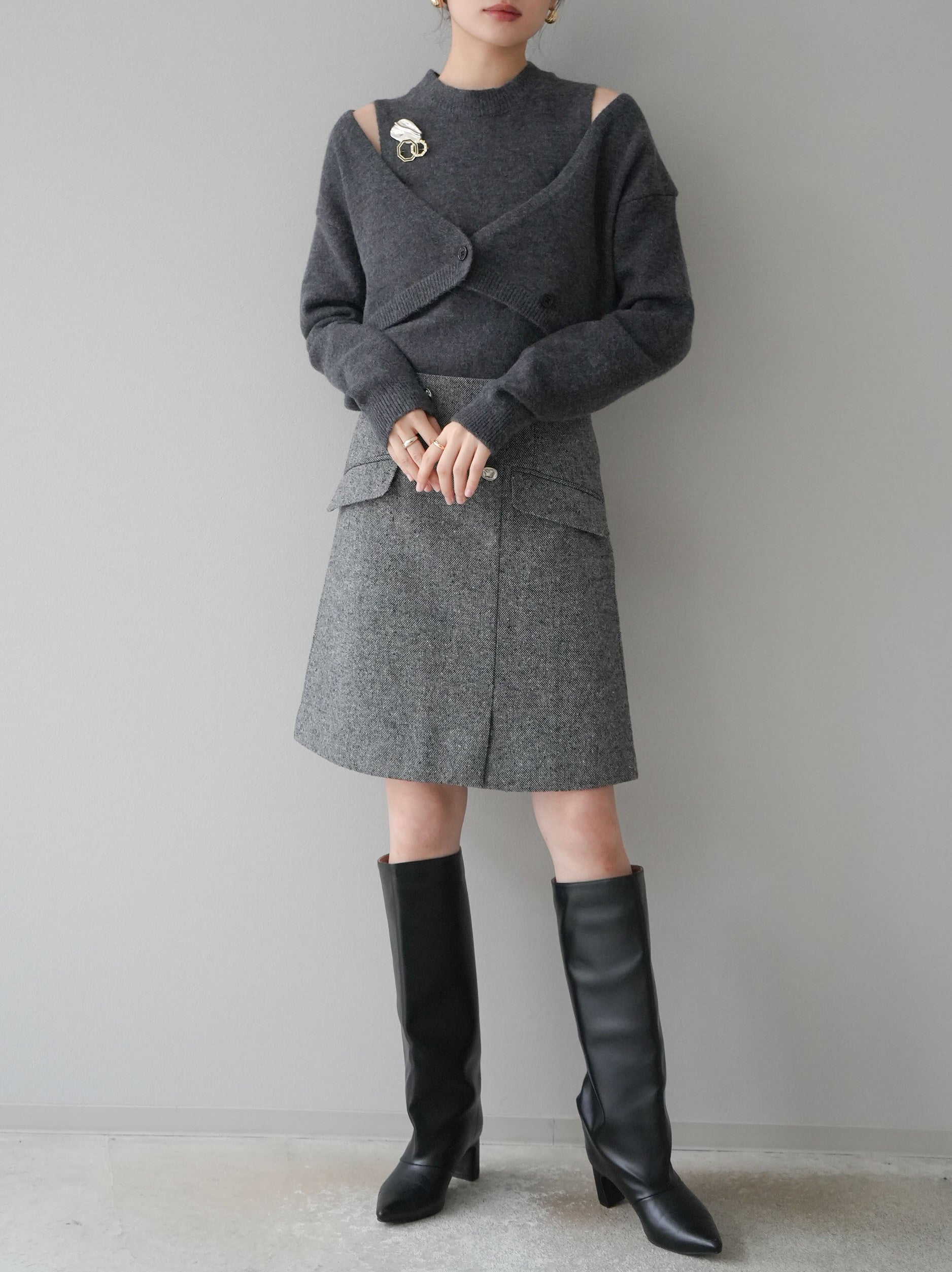 SET]ショートカーディガンアンサンブルニット+ネップツイードミニ