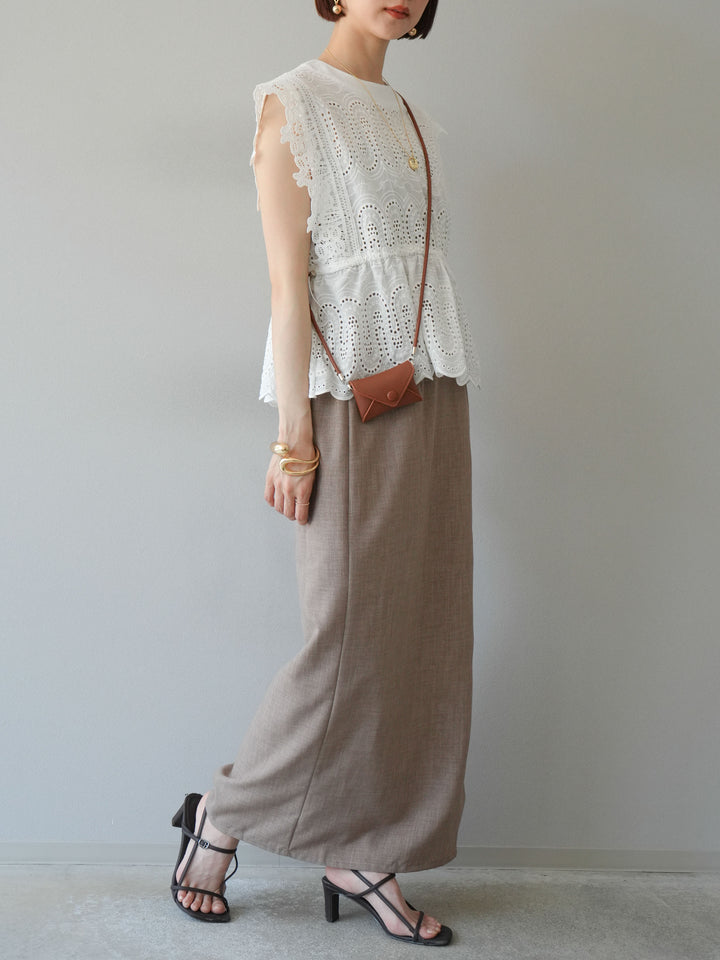 [SET] 扇貝刺繡蕾絲上衣 + 亞麻質感拉鍊開衩緊身裙（2件套）