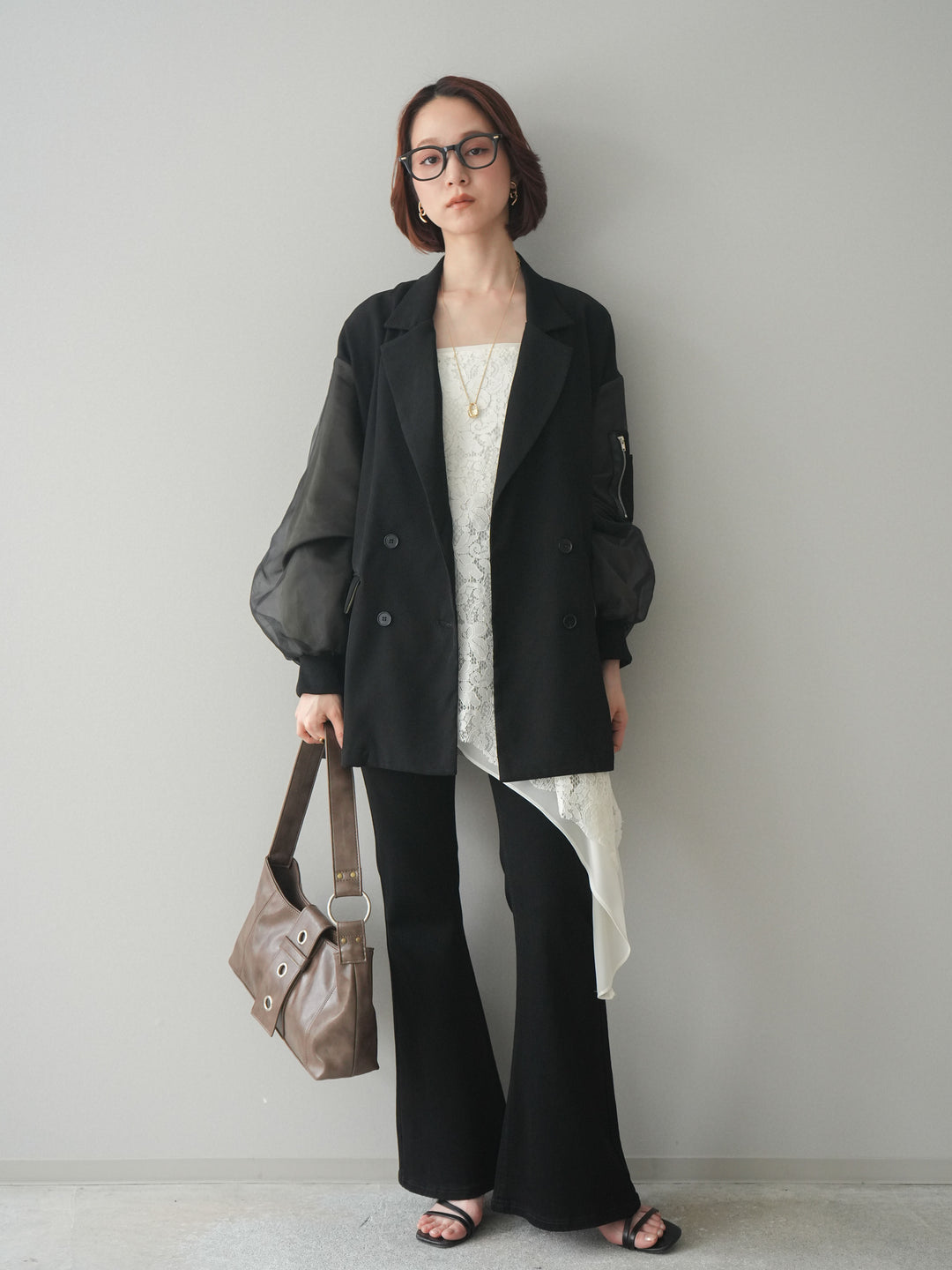 [SET]MA-1ドッキングデザインジャケット+ハイウエストフレアデニムパンツ(2set)