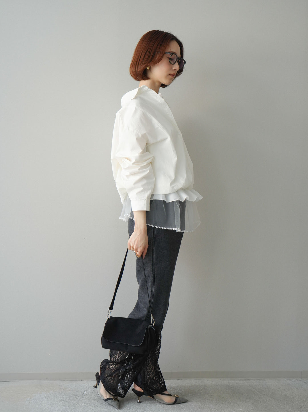 [予約]レース切替フレアデニムパンツ/black